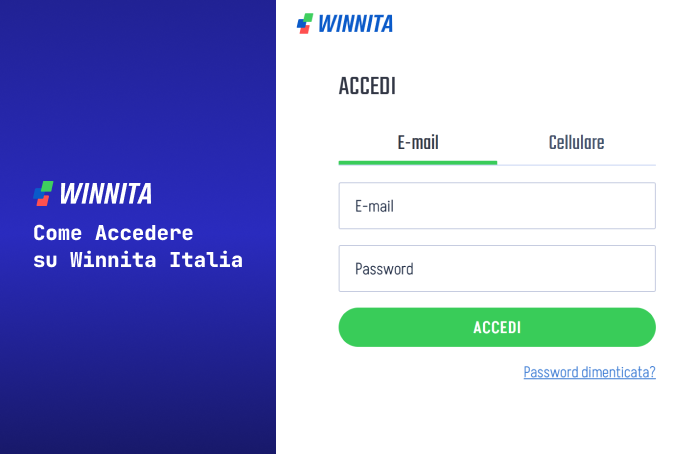 Per accedere a Winnita, premi il pulsante "Accedi" nel menu in alto e inserisci la tua email e password